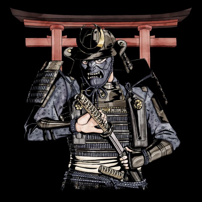 Blauer Samurai zieht sein Katana mit Torii aus der Scheide