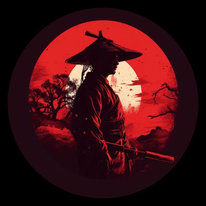 Samouraï à l’épée katana rouge silhouette de soleil