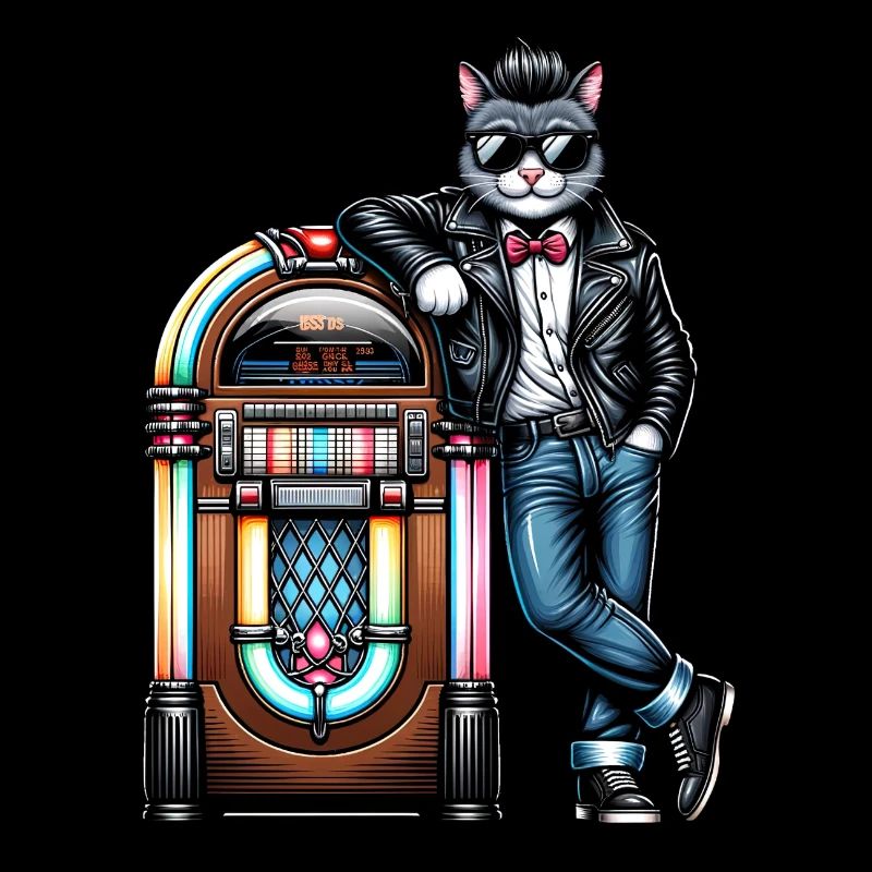 Rockabilly Cat debout devant un juke-box des années 80.