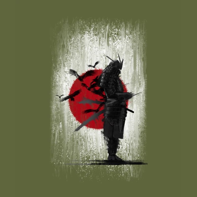 Samouraï devant le drapeau du Japon corbeaux et oiseaux, épée