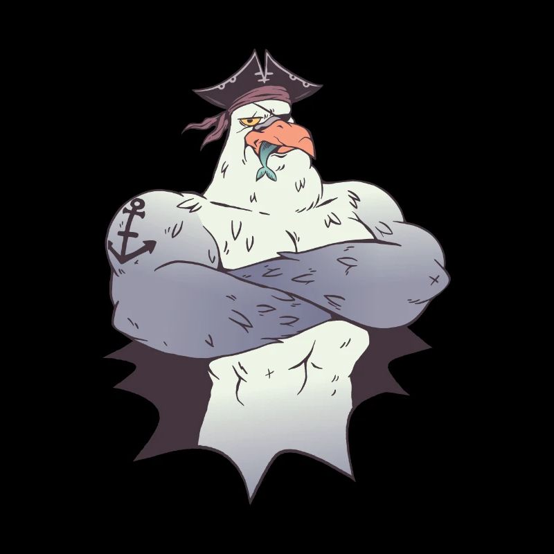 Pirate de mouette mangeant un poisson avec un tatouage d'ancre