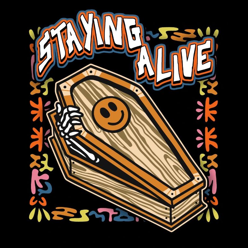 Funny skeleton, comic skeleton with coffin, saying