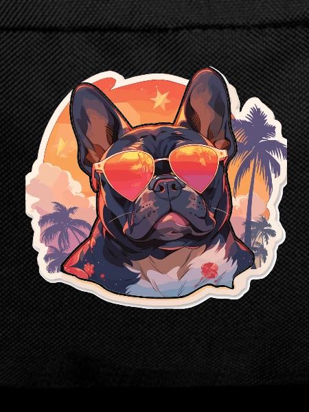 Französiche Bulldogge Palmen Strand Urlaub