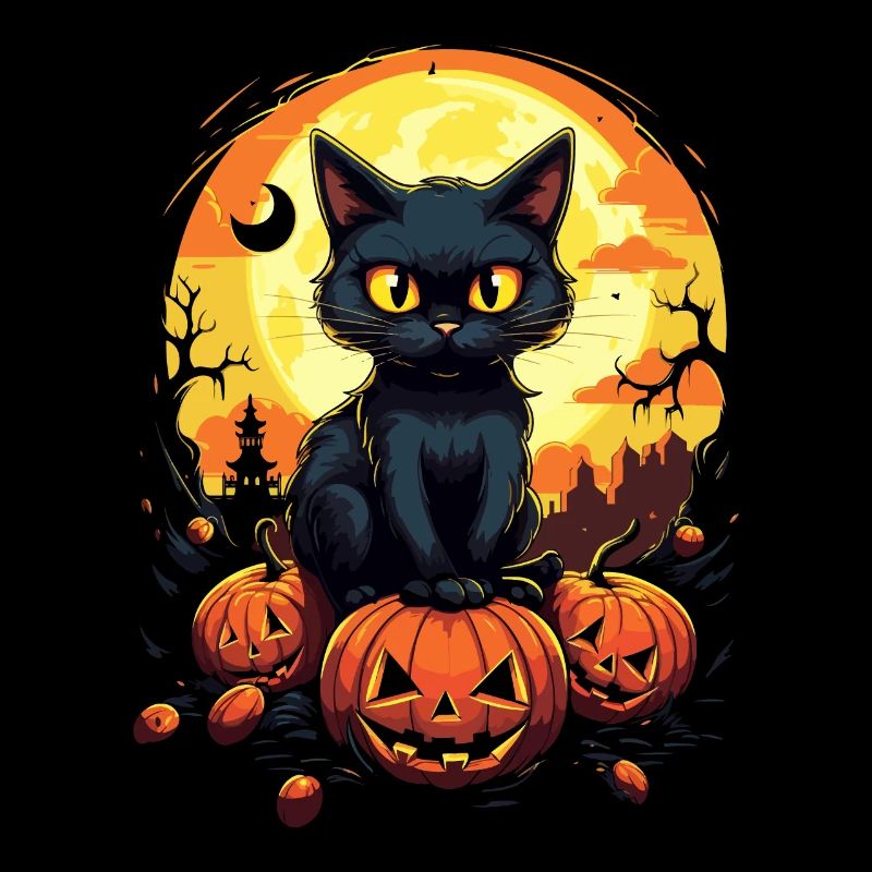 Magic Night: Cute Cat on Pumpkin Moonshine