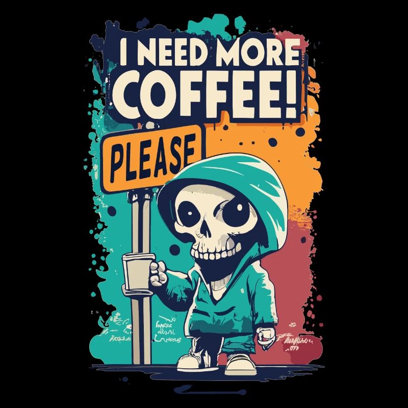 Skeleton Skull I NEED MORE COFFEE Coffee Saying