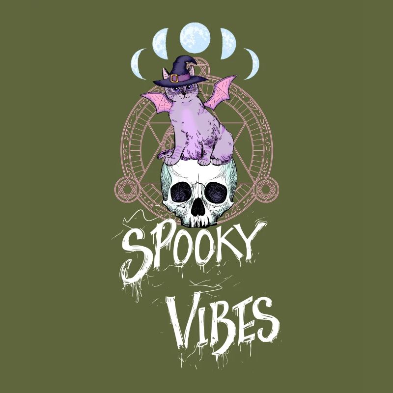 Cat with Witch Hat and Skull Design