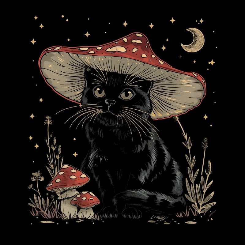 Cottagecore esthétique chat noir champignon chapeau wi
