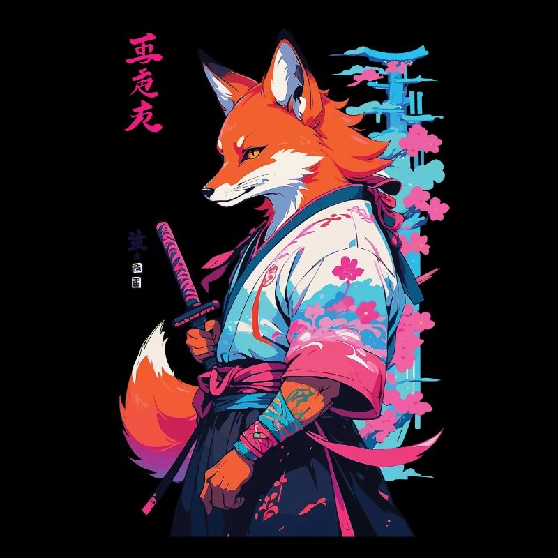 Kitsune Samurai Fuchs Aesthetic Vaporwave Stil