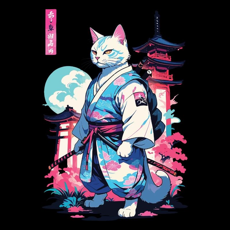 Chat Samouraï Vaporwave Esthétique Style Japon