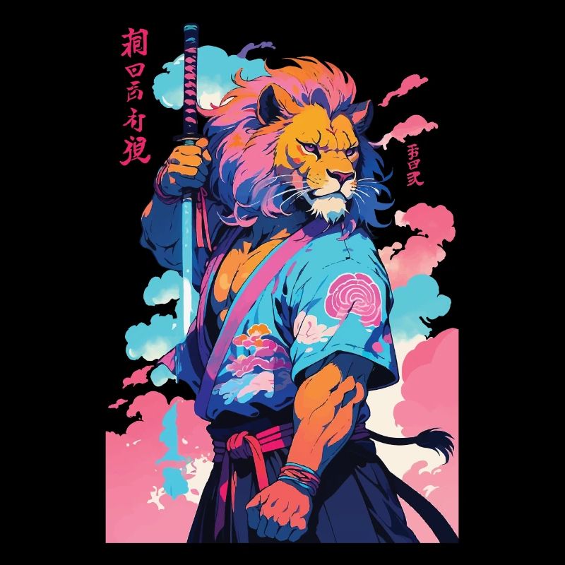 Samurai Löwe Aesthetic Vaporwave Stil