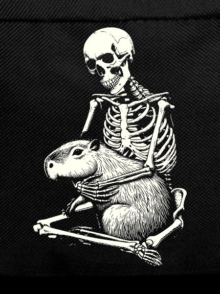 Skeleton hugging capybara