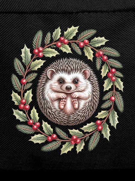 Christmas hedgehog in holly wreath