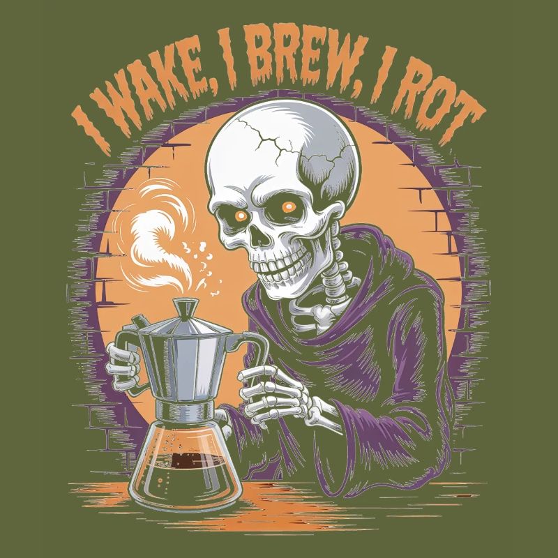 Wake, Brew, Rot Skeleton Coffee Halloween Design