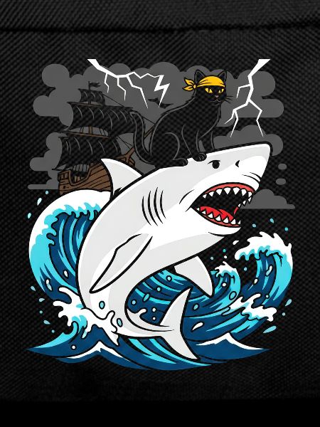 Pirate cat against storm shark