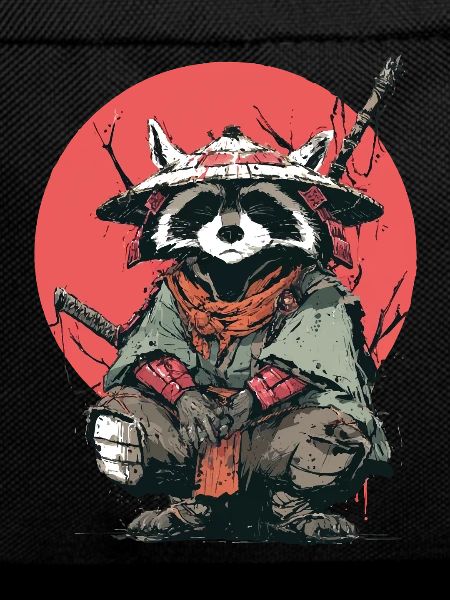 Raccoon Samurai in Red Moon