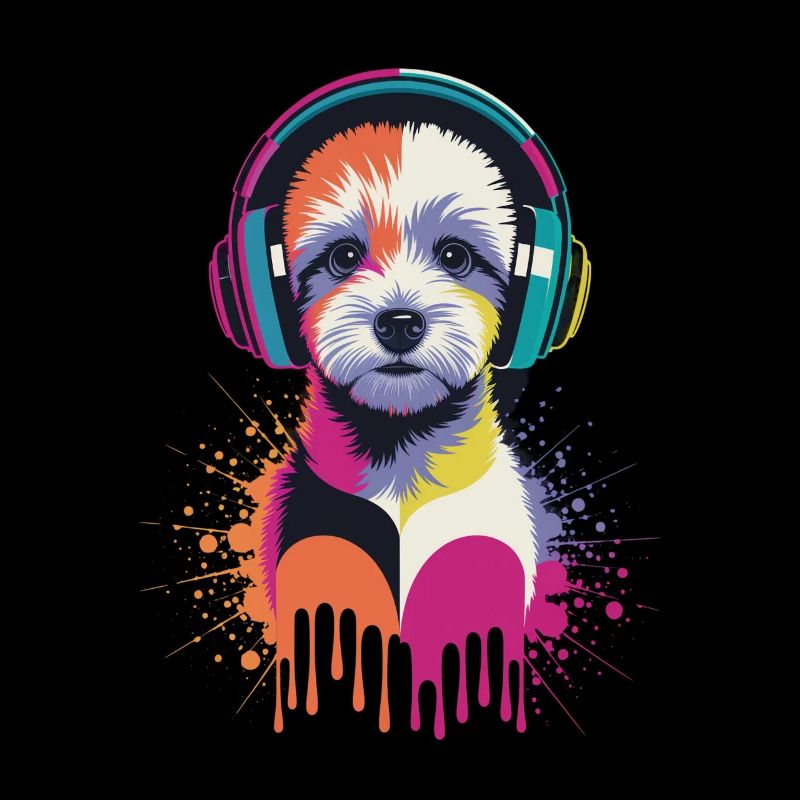 Maltipoo mit Kopfhörern