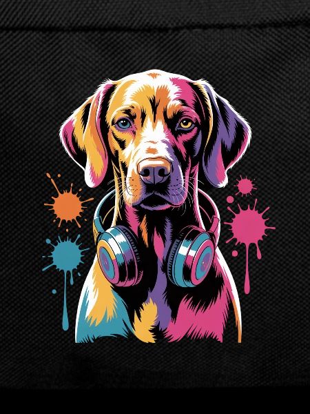 Viszla with headphones