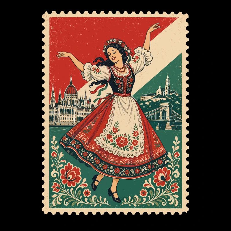 Vintage Hungarian Folk Dance Postage Stamp