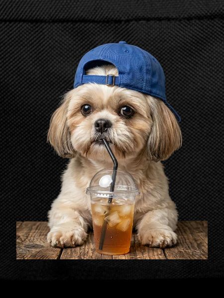 Hund mit Cap trinkt Eiskaffee