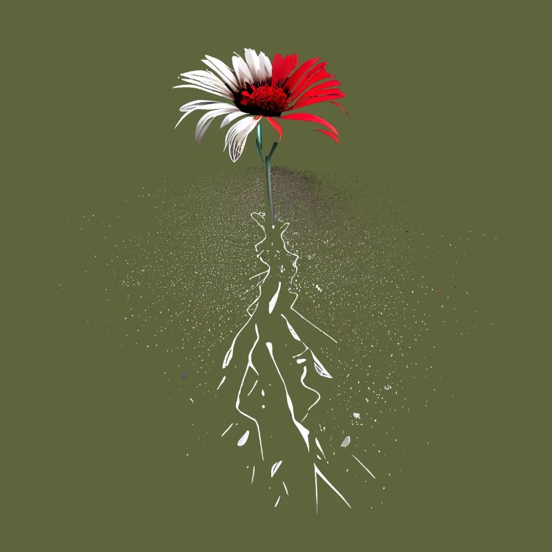 Une fleur rouge blanche perce la route goudronnée