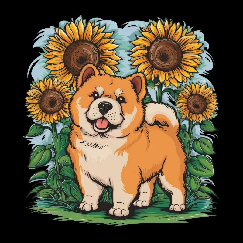 Cartoon Chow Chow with Summer Sunflowers