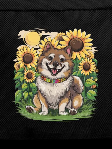 Cute Wolfspitz with sunflowers.