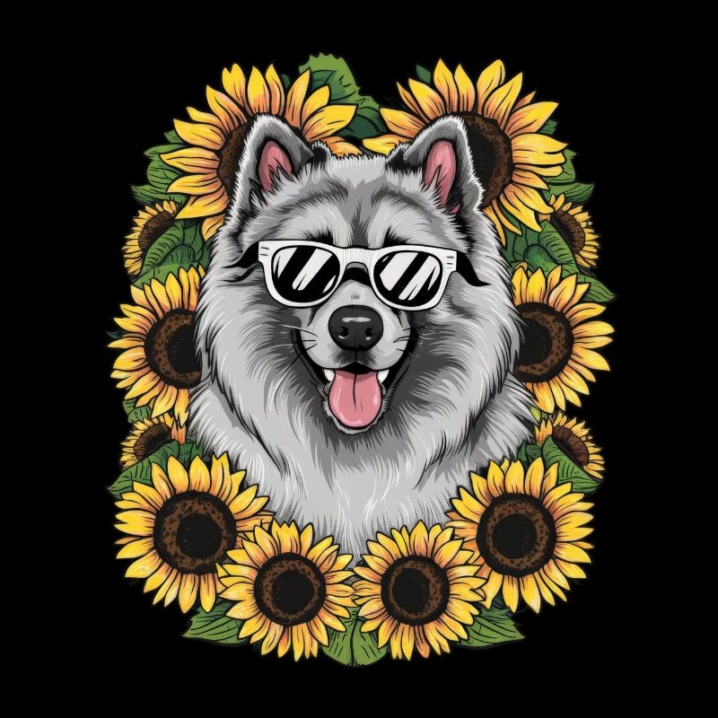Niedlicher Wolfsspitz mit Sonnenblumen.