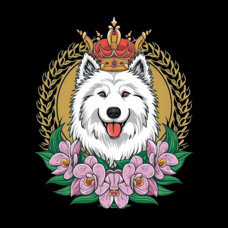 Dessin animé Spitz Samoyède avec orchidées et couronne