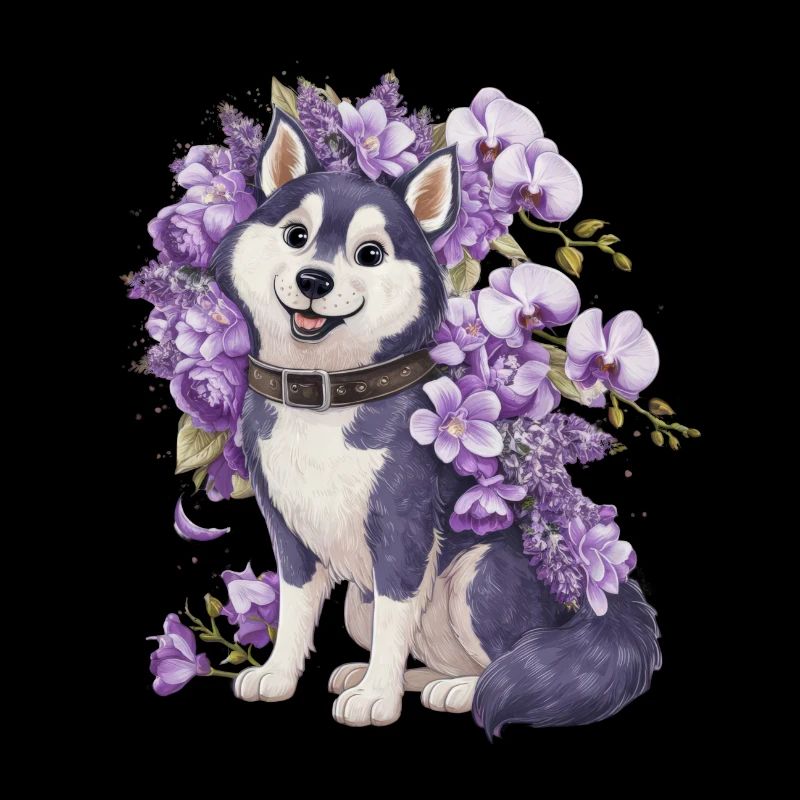 Mignon husky de dessin animé avec de jolies orchidées