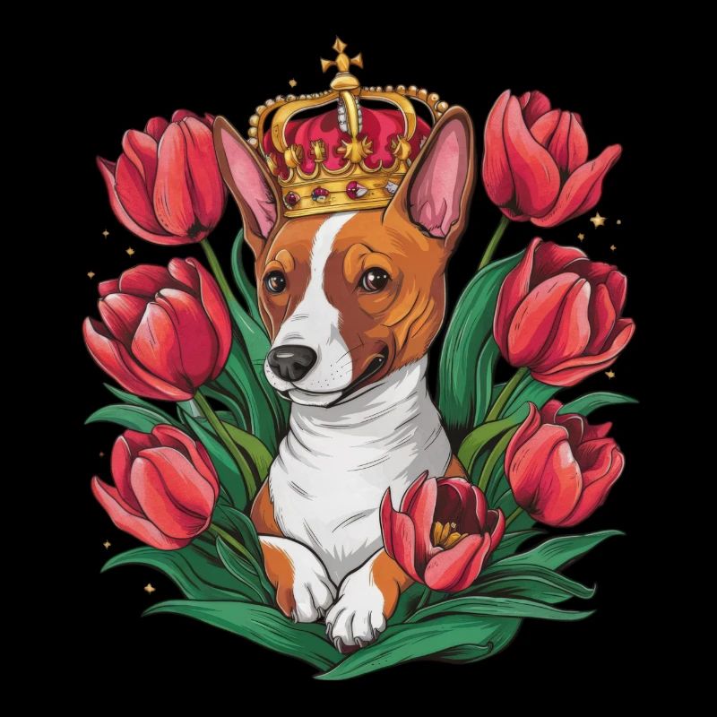 Dessin animé Basenji chien avec couronne et tulipes