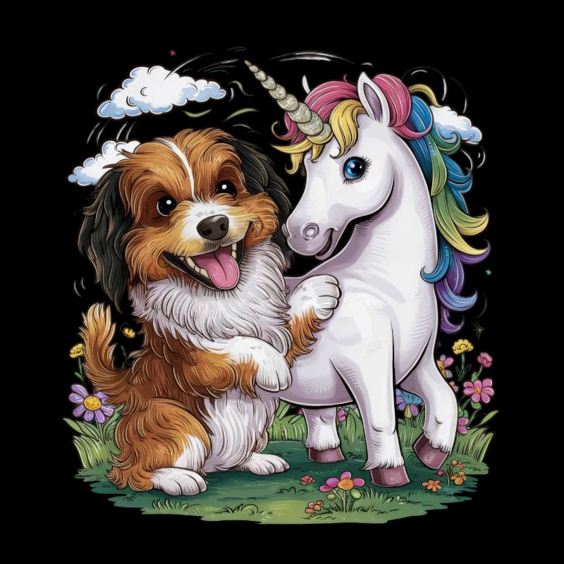 Cartoon Havanese spielt mit Einhorn märchenhaft