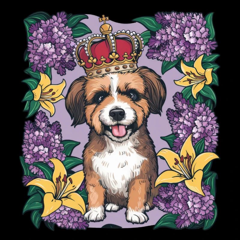 Süßer Löwchen Hund mit Blumen und Krone