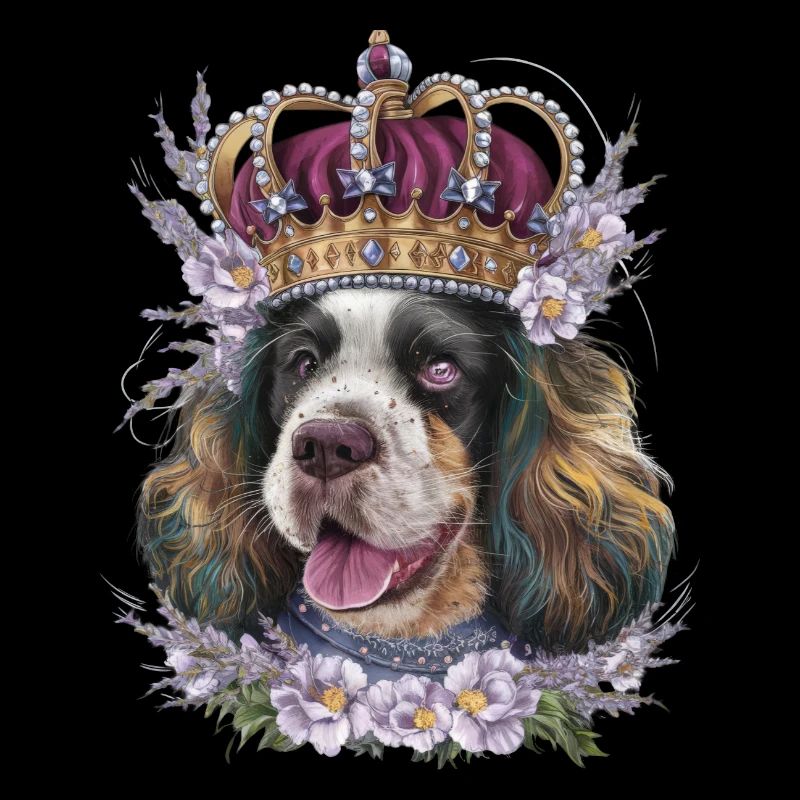 Cocker Spaniel mit Blumen und Krone