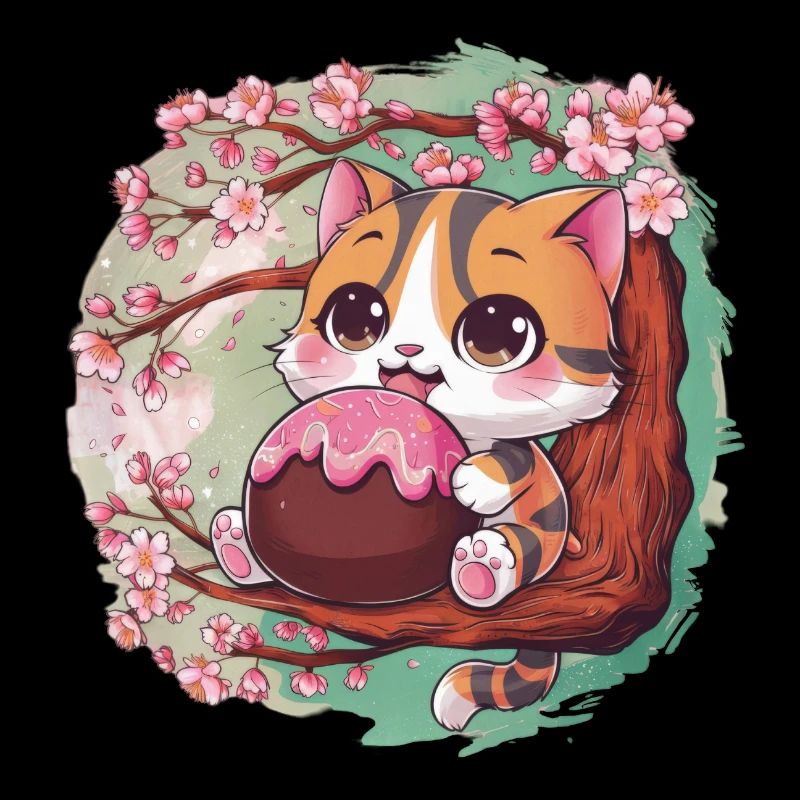 Cute Kawaii Cat with Hanami Dango + Cherry Blossoms