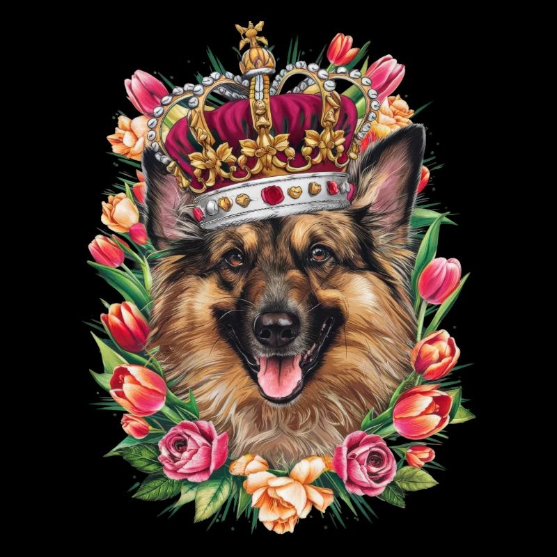 Belgischer Schäferhund mit Krone und Rosen