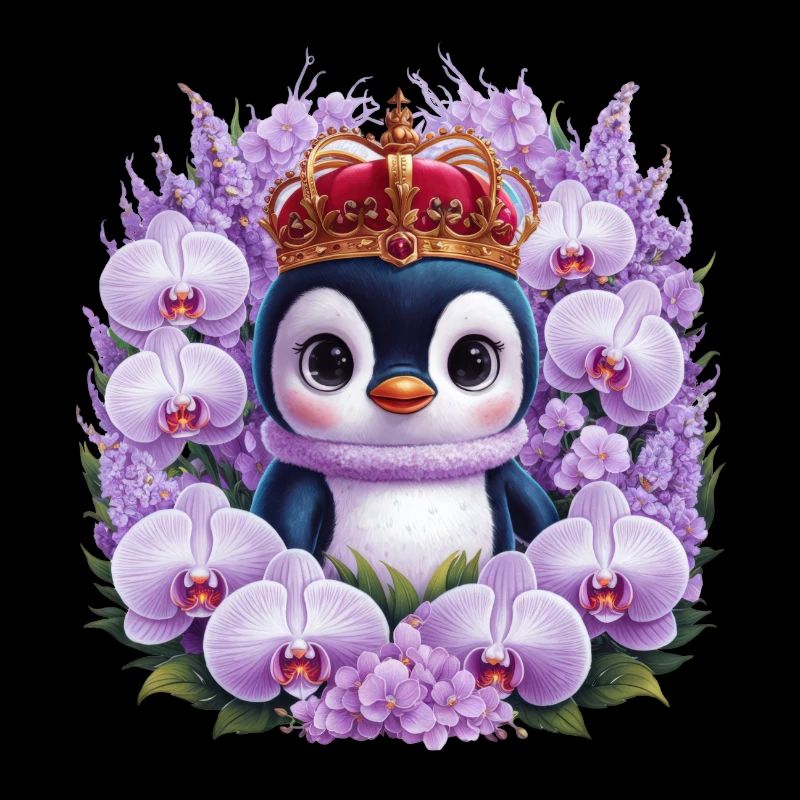 Kawaii Penguin with Orchids, Crown and Lilac