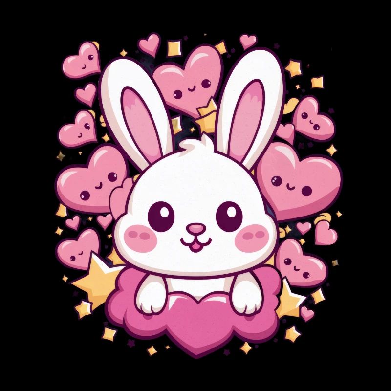 Mignon lapin kawaii avec des cœurs et des étoiles