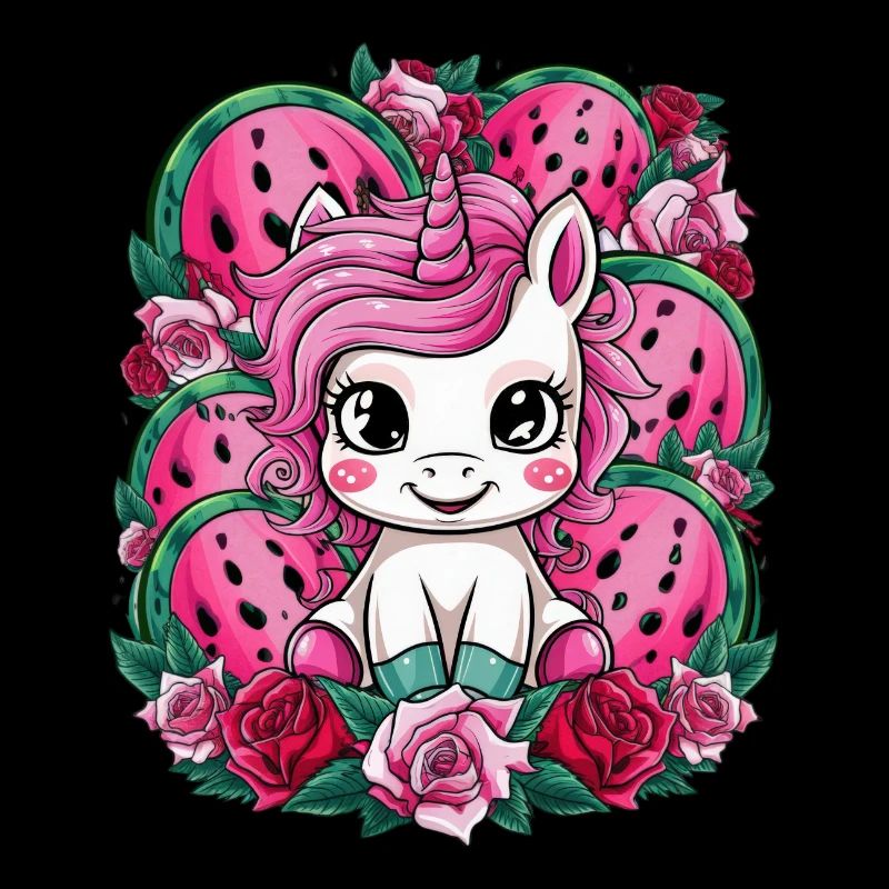 Kawaii Einhorn mit Rosen und Melone