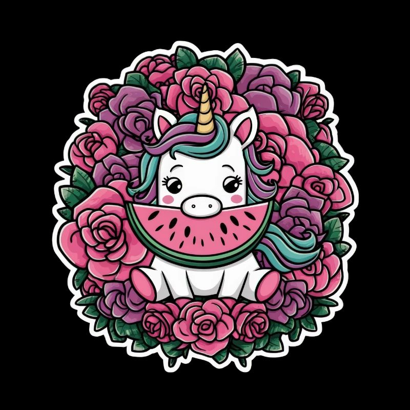 Kawaii Einhorn mit Rosen und Melone