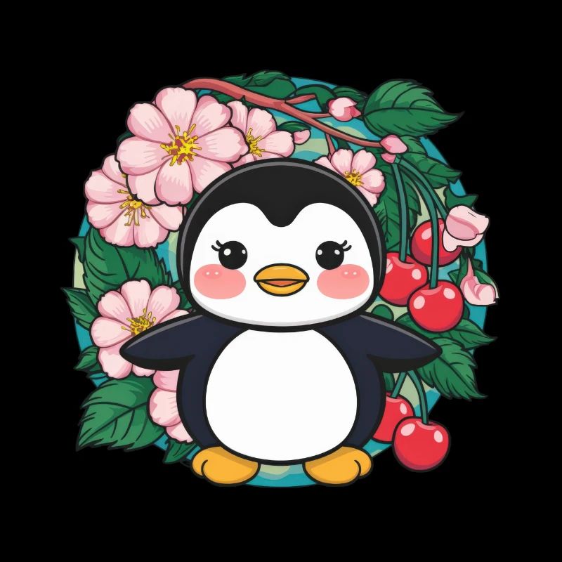 Cartoon Kawaii Penguin with Cherries