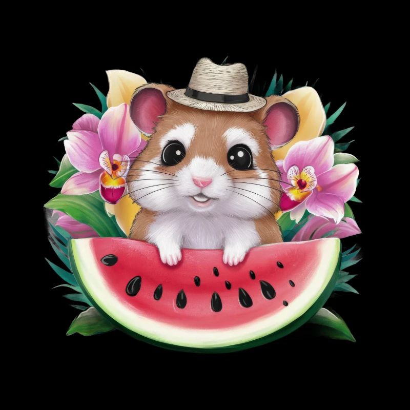 Hamster kawaii avec pastèques et orchidées