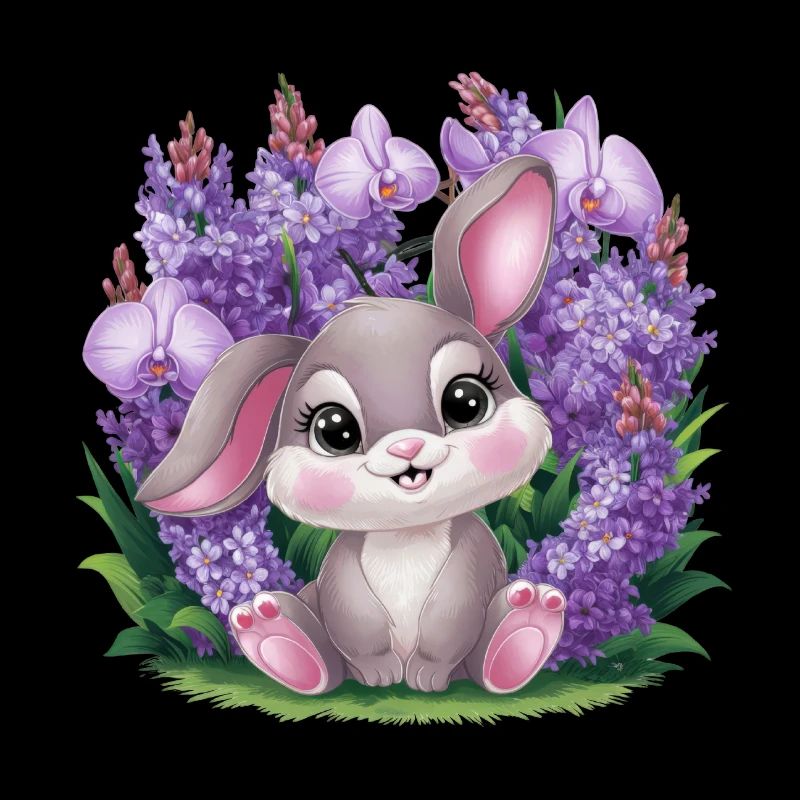Lapin Kawaii avec orchidées et lilas