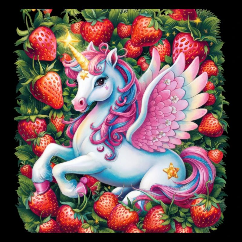 Süßes Pegasus Einhorn mit Erdbeeren