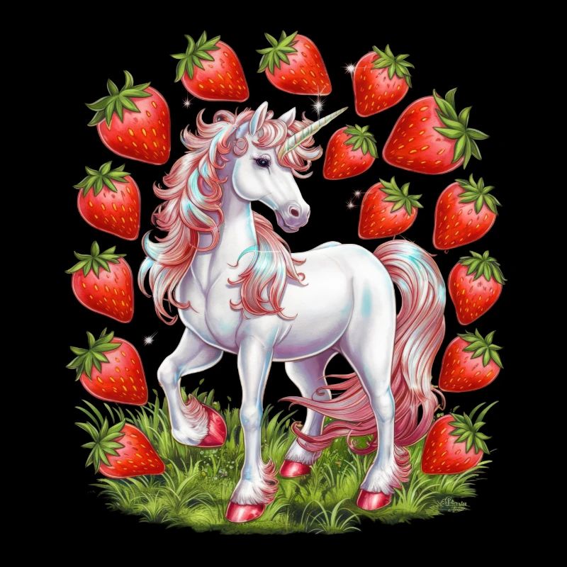 Niedliches Einhorn mit Erdbeeren voller Magie