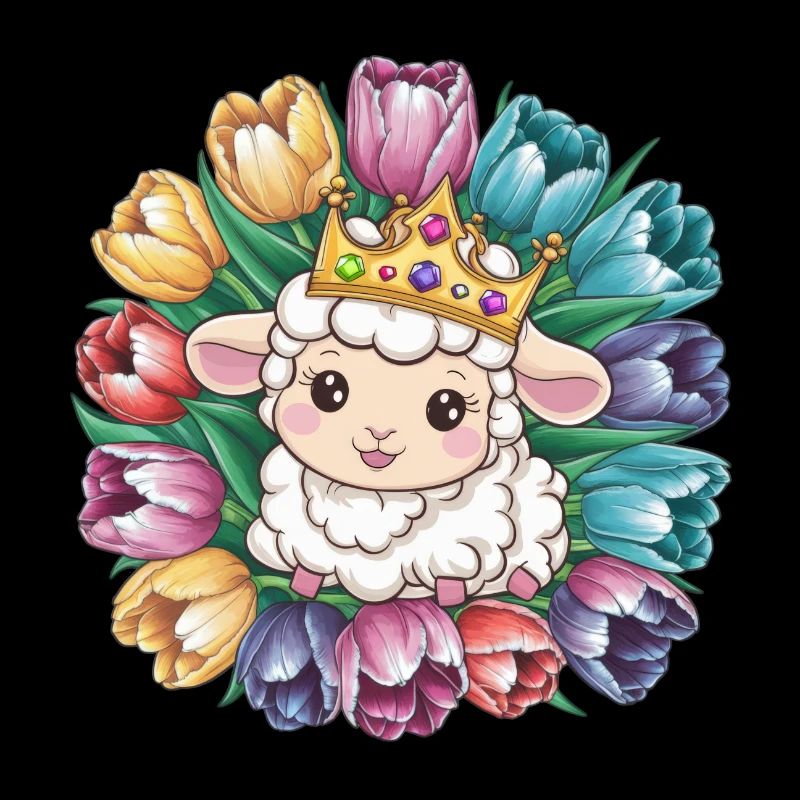 Royal Kawaii Sheep with Crown and Tulips