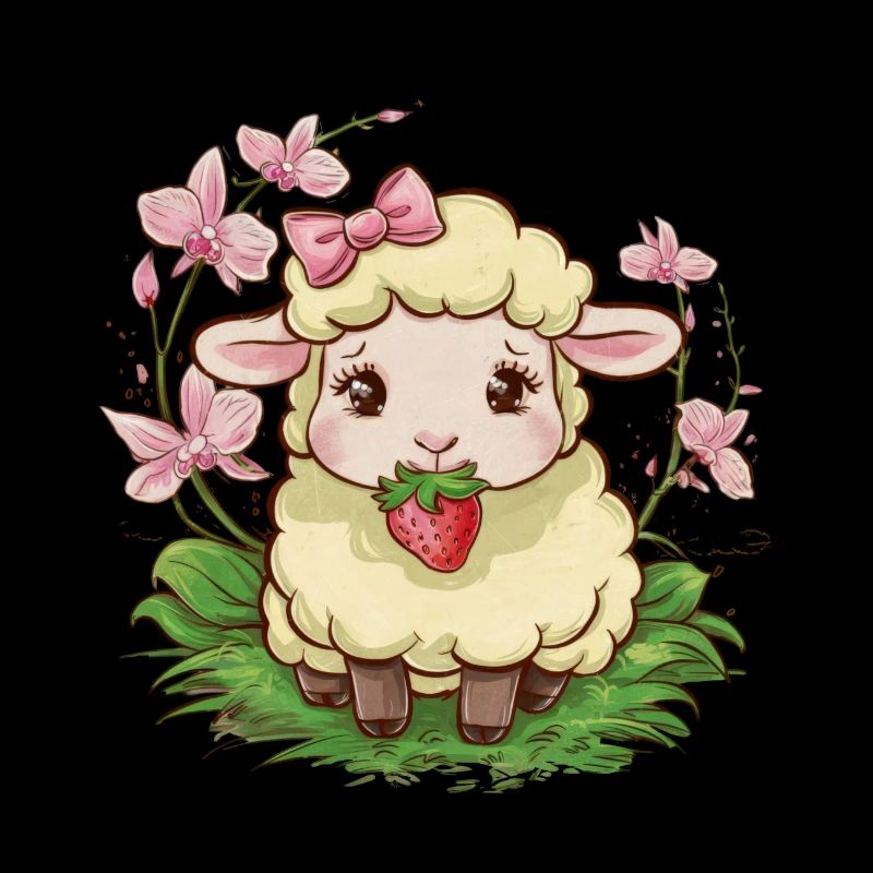 Süßes Kawaii Schaf mit Erdbeeren & Orchideen