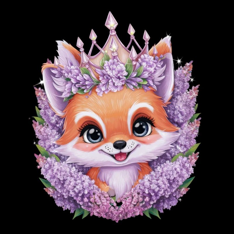 Renard kawaii avec couronne et fleurs violettes