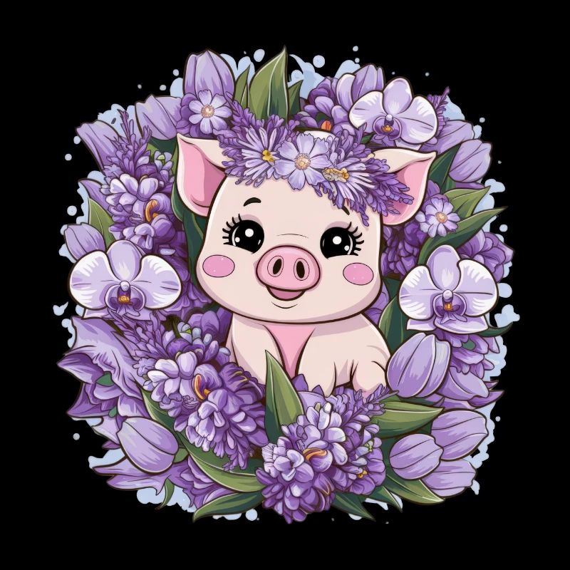 Cochon de style kawaii de dessin animé avec des orchidées
