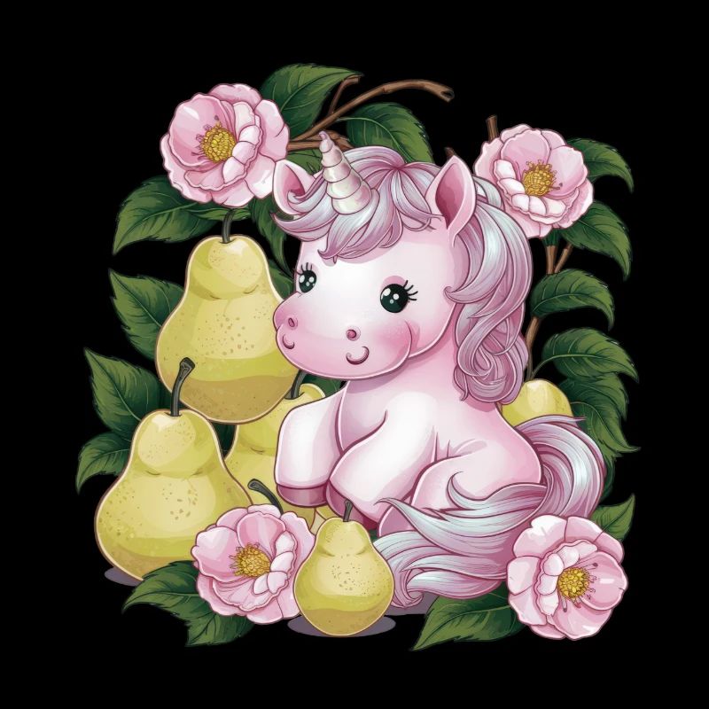 Licorne Kawaii avec Poires & Fleurs