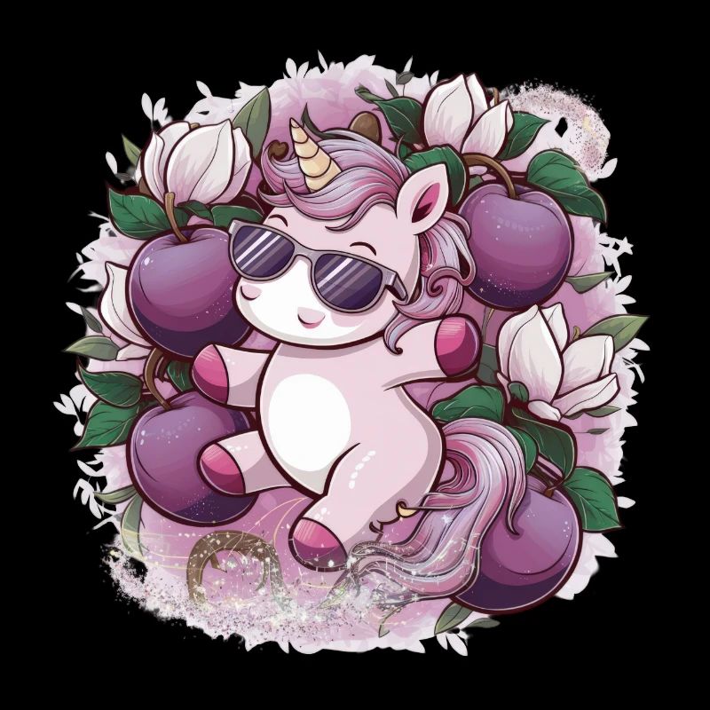 Licorne Kawaii avec des prunes et des fleurs